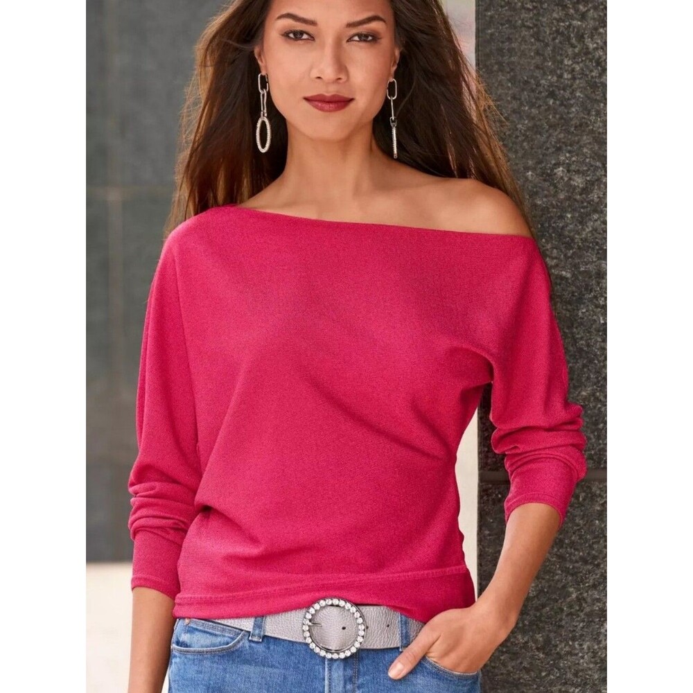Boston Proper Hot Pink Raspberry Metallic Slouchy 1-Shoulder Sweater, L